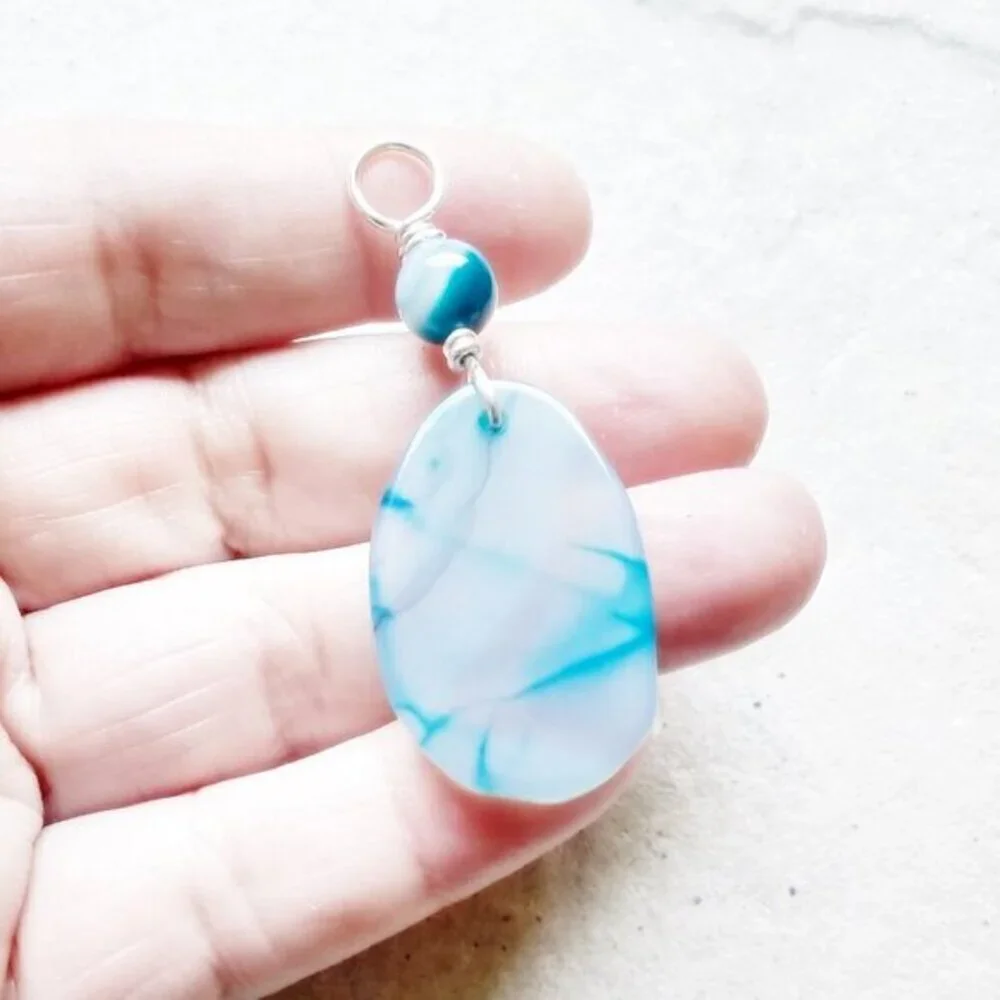 Milky Pale Aqua Agate Geode Pendant - Beach Ocean Coastal - Handmade Jewelry